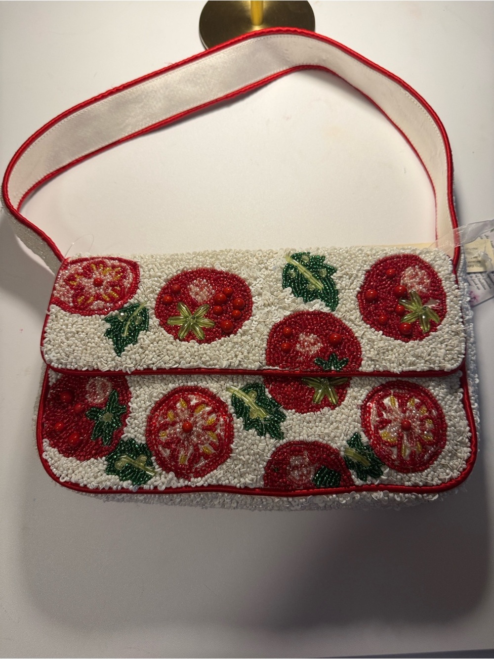 Beaded Tomato Motif Shoulder Bag - White & Red